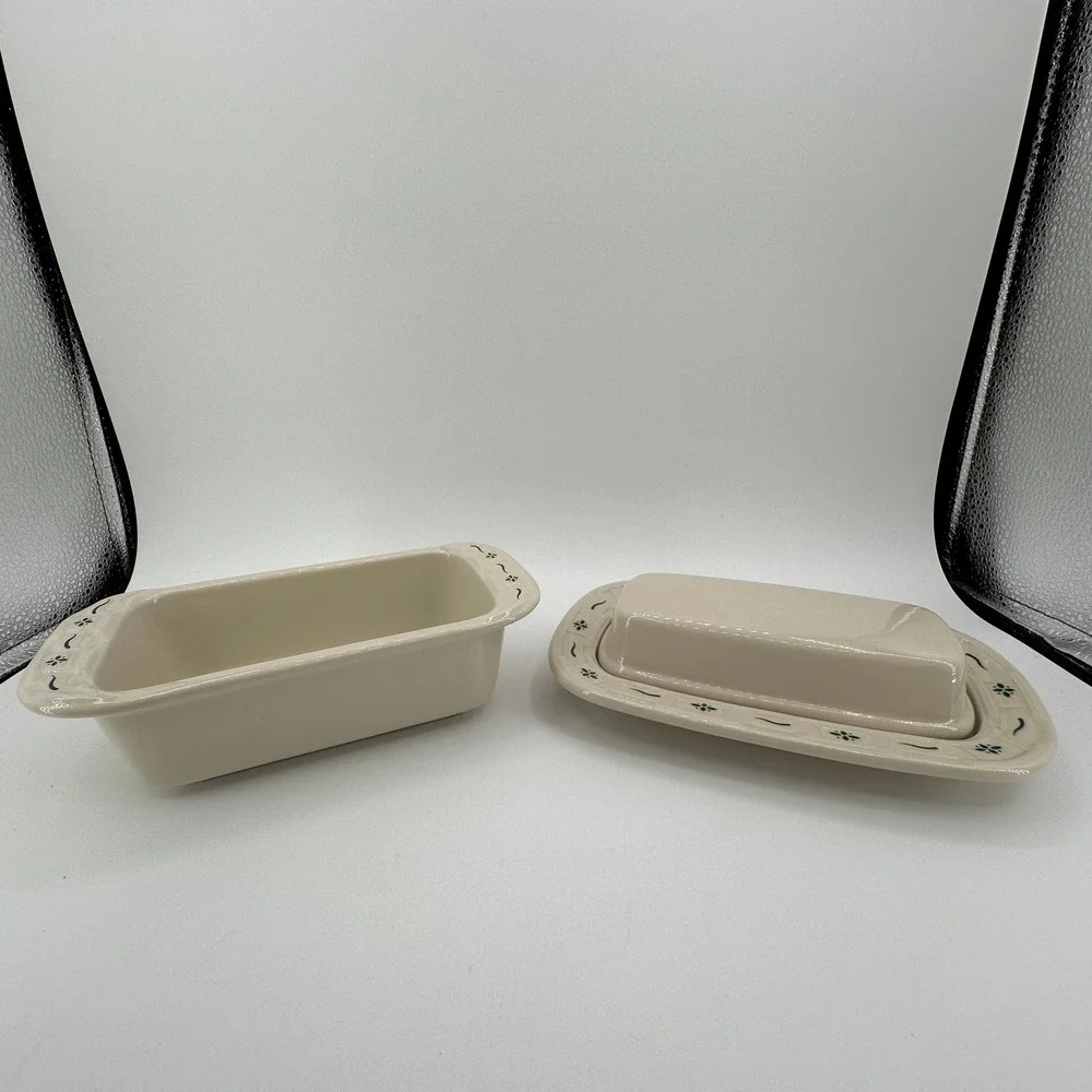 Longaberger Woven Traditions Butter Dish and 1 Pint Loaf Pan Set Ivory USA Made